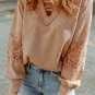 Apricot Lace Waffle Patchwork Strappy V Neck Long Sleeve Top