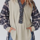 Blue Floral Plaid Mixed Print Bishop Sleeve Patchwork Top