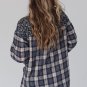 Blue Floral Plaid Mixed Print Bishop Sleeve Patchwork Top