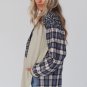 Blue Floral Plaid Mixed Print Bishop Sleeve Patchwork Top