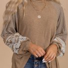Light French Beige Floral Striped Patchwork Loose Long Sleeve Top