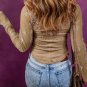 Light French Beige Floral Gauze Sleeve Patchwork Ribbed Knit Top