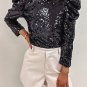 Black Sequin Mock Neck Bubble Sleeve Top