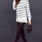 White Striped Button Dropped Shoulder Lace Splicing Top