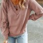 Pink Lace Waffle Patchwork Strappy V Neck Long Sleeve Top