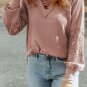 Pink Lace Waffle Patchwork Strappy V Neck Long Sleeve Top