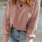 Pink Lace Waffle Patchwork Strappy V Neck Long Sleeve Top
