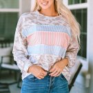 Leopard Animal Print Contrast Stripes Patchwork Puff Sleeve Knit Top