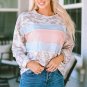 Leopard Animal Print Contrast Stripes Patchwork Puff Sleeve Knit Top