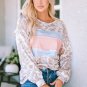 Leopard Animal Print Contrast Stripes Patchwork Puff Sleeve Knit Top