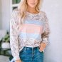 Leopard Animal Print Contrast Stripes Patchwork Puff Sleeve Knit Top