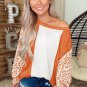 Orange Colorblock Leopard Sleeve Patchwork Top