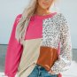 Rose Leopard Patchwork Color Block Ribbed Long Sleeve Top