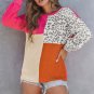 Rose Leopard Patchwork Color Block Ribbed Long Sleeve Top