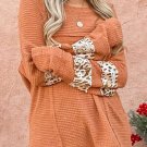 Apricot Leopard Splicing Exposed Seam Waffle Knit Top