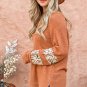 Apricot Leopard Splicing Exposed Seam Waffle Knit Top