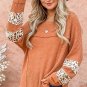 Apricot Leopard Splicing Exposed Seam Waffle Knit Top