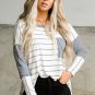 Stripe Patchwork High Low Side Slits Long Sleeve Top