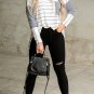 Stripe Patchwork High Low Side Slits Long Sleeve Top