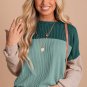 Green Color Block Long Sleeve Ribbed Loose Top