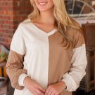 Apricot Color Block Wide Ribbed V Neck Top