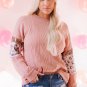 Pink Leopard Sequin Splicing Sleeves Textured Knit Top