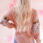 Pink Leopard Sequin Splicing Sleeves Textured Knit Top