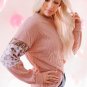 Pink Leopard Sequin Splicing Sleeves Textured Knit Top