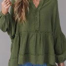 Green Henley Button Drop Shoulder Loose Sleeve Raw Edge Top