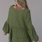 Green Henley Button Drop Shoulder Loose Sleeve Raw Edge Top