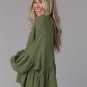 Green Henley Button Drop Shoulder Loose Sleeve Raw Edge Top