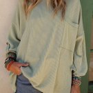 Green Ribbed Roll-tab Sleeve Chest Pocket Oversize Top