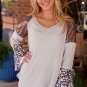 Leopard Sequin Patchwork Bell Sleeve V Neck Tunic Top