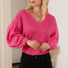 Rose Waffle Knit Balloon Sleeve Splicing V Neck Top