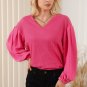 Rose Waffle Knit Balloon Sleeve Splicing V Neck Top