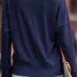 Blue Ribbed Texture Lace Trim V Neck Long Sleeve Top