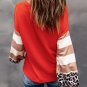 Orange V Neck Leopard Stripe Splice Lantern Sleeve Top