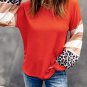 Orange V Neck Leopard Stripe Splice Lantern Sleeve Top