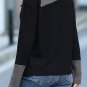 Black Waffle Knit Patchwork Colorblock Asymmetrical Neck Top