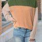 Green Color Block Long Sleeve Ribbed Loose Top