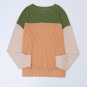 Green Color Block Long Sleeve Ribbed Loose Top