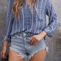 Blue Striped V Neck Pocket Long Sleeve Top