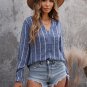 Blue Striped V Neck Pocket Long Sleeve Top