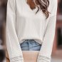 White Ribbed Texture Lace Trim V Neck Long Sleeve Top
