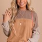Khaki Color Block Long Sleeve Ribbed Loose Top