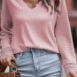 Pink Ribbed Texture Lace Trim V Neck Long Sleeve Top