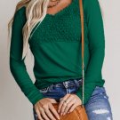 Green Lace Crochet V Neck Long Sleeve Top