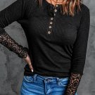 Black Crochet Lace Hem Sleeve Button Top