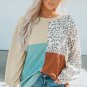 Leopard Patchwork Color Block Ribbed Long Sleeve Top