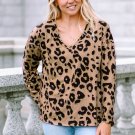 Brown Leopard Split Joint V Neck Long Sleeve Tops
